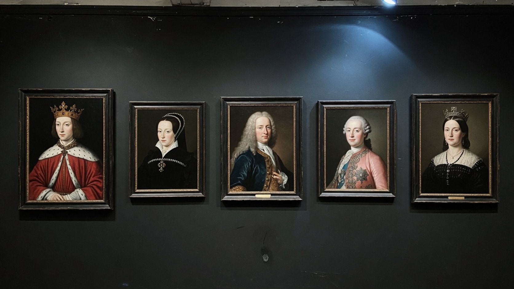 AI editorial photograph of a row of simple royal portraits on a dark wall, each monarch older in style than the last