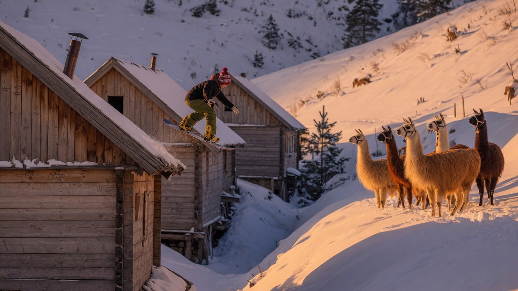 AI editorial photograph of a small snowboarder leaving a wooden village roof above a wide snowy gap, llamas visible on the far slope