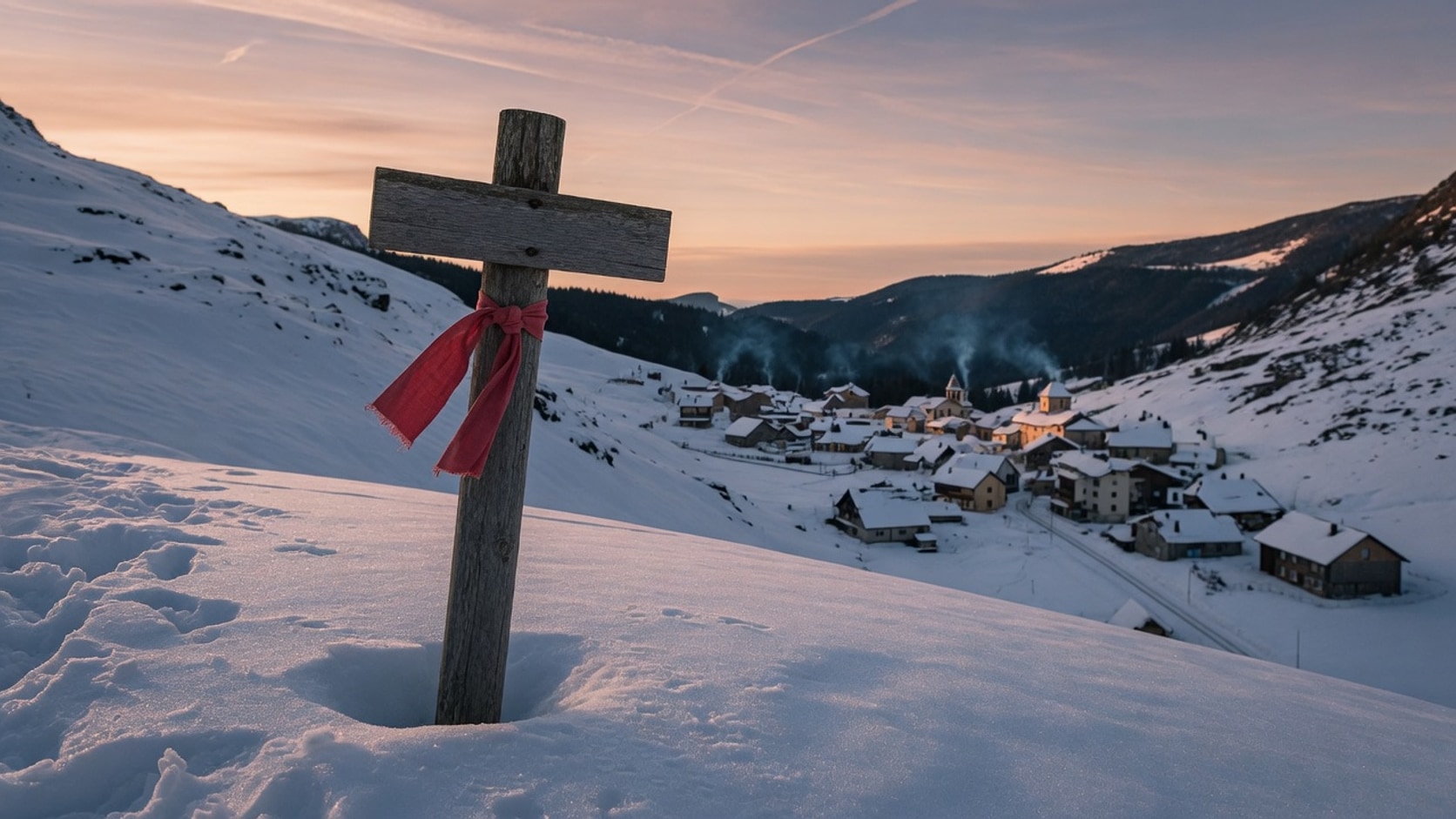 AI editorial photograph of a simple wooden trail marker in the snow with a single blank ribbon, a village far below