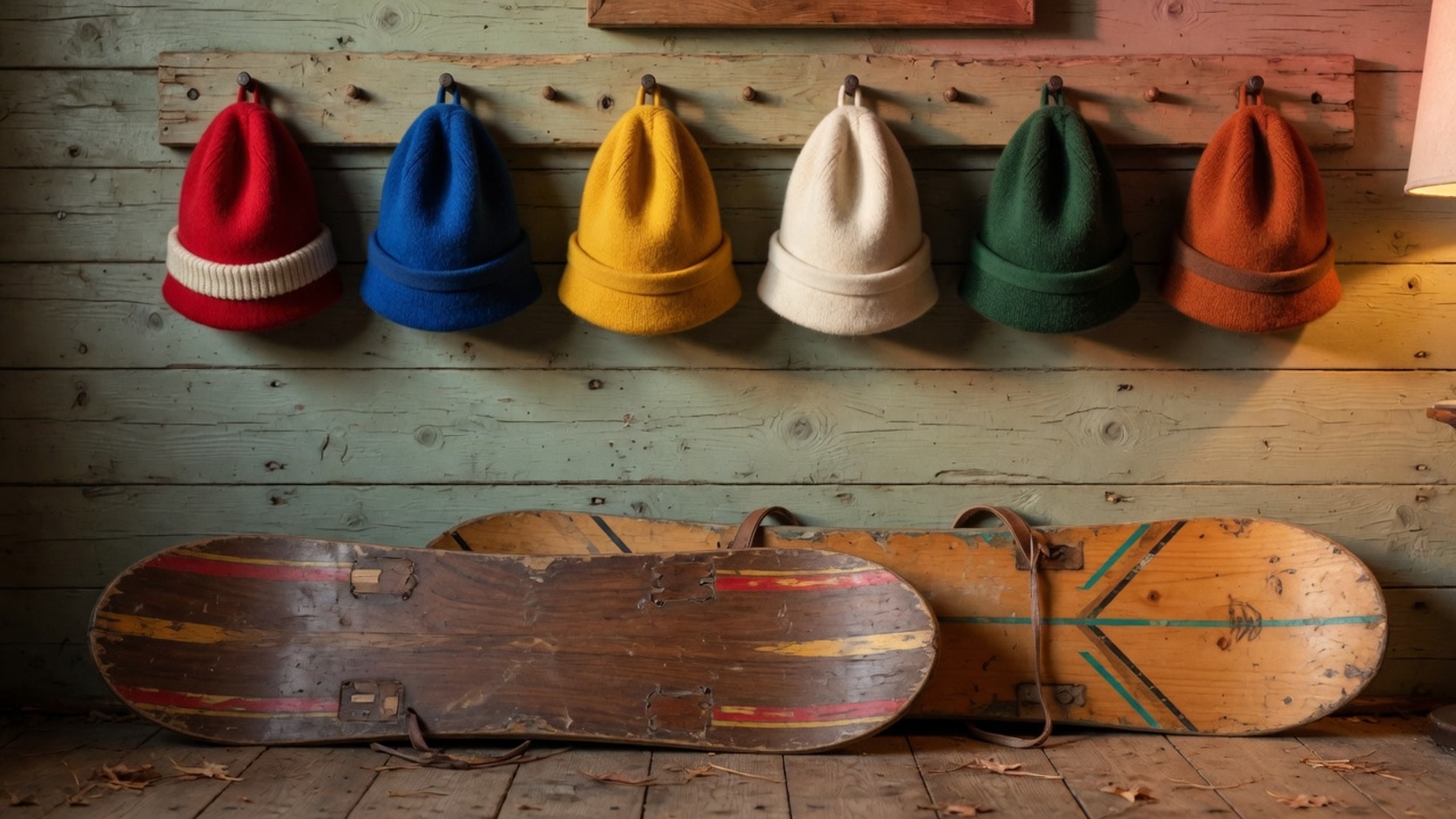 AI editorial photograph of six colorful wool hats hung on a cabin wall above a pair of snowboards
