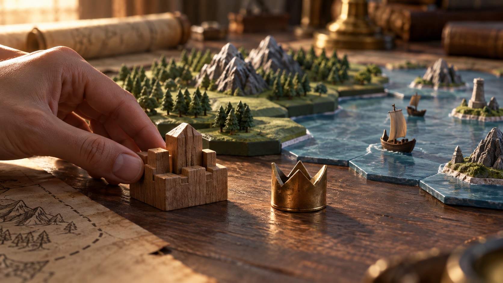 AI editorial illustration of a city token and crown beside a terrain model