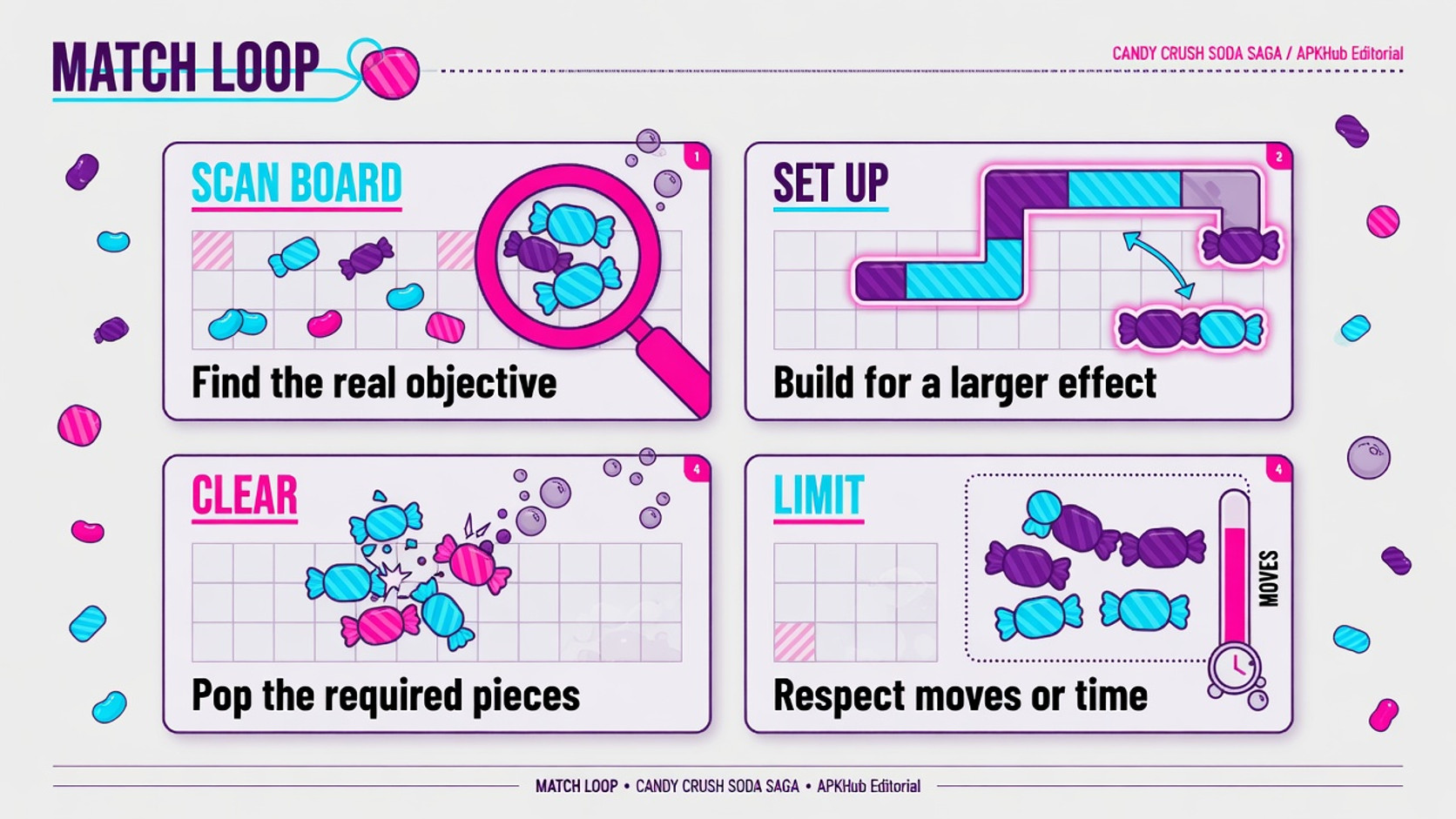 An original match-3 soda puzzle board showing bubbles rising and special candy setups