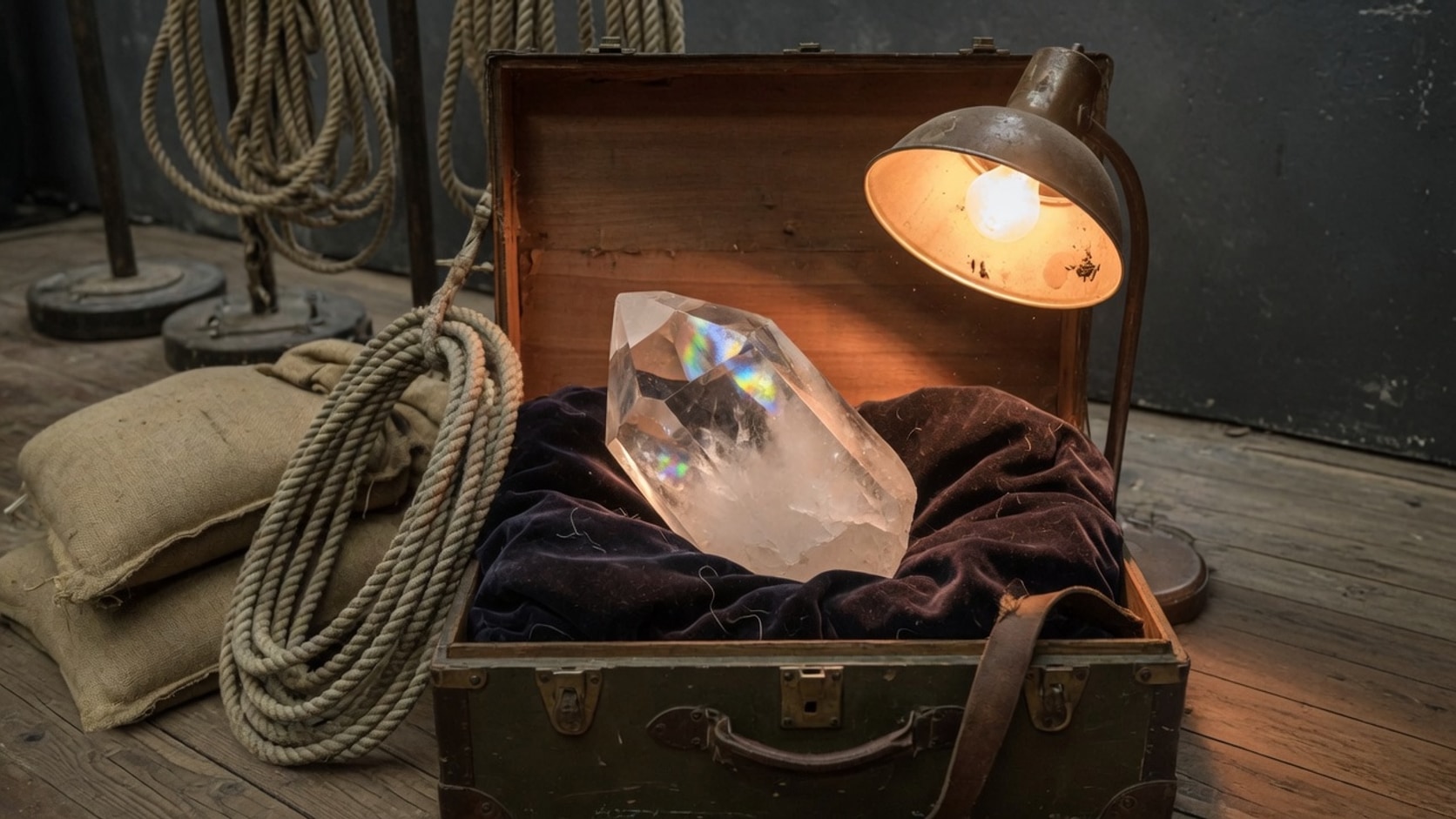 Documentary photograph of a quartz crystal on dark velvet inside an open wooden prop trunk