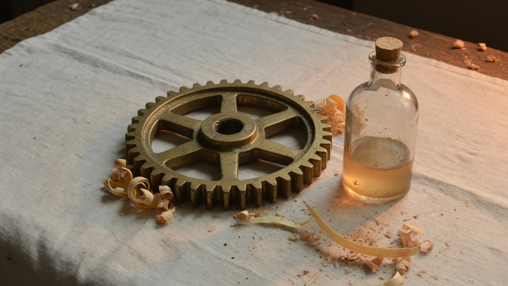 Documentary photograph of a theater prop bench with a brass gear and a small glass bottle waiting to be joined