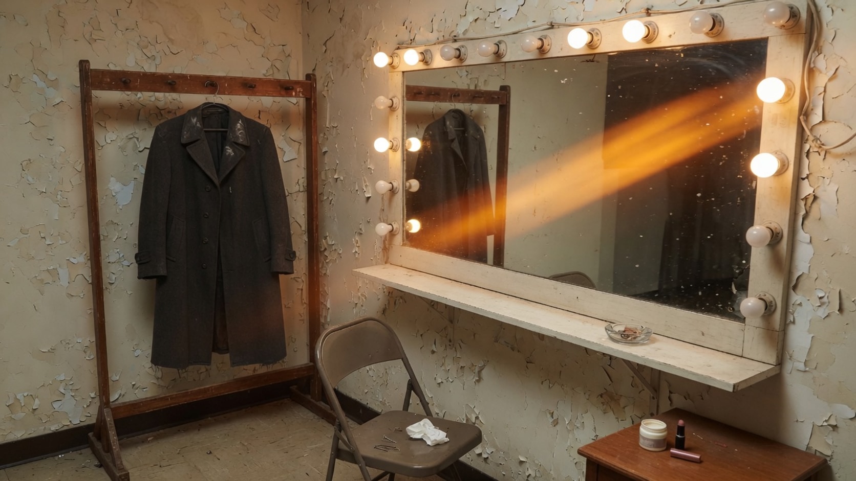 Documentary photograph of an empty dressing room, a plain coat on a rack, and a mirror flaring with warm light