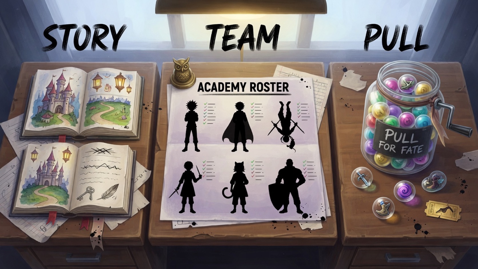 A story chapter list, a six-student formation grid, and a MomoTalk thread arranged as three daily Blue Archive desks