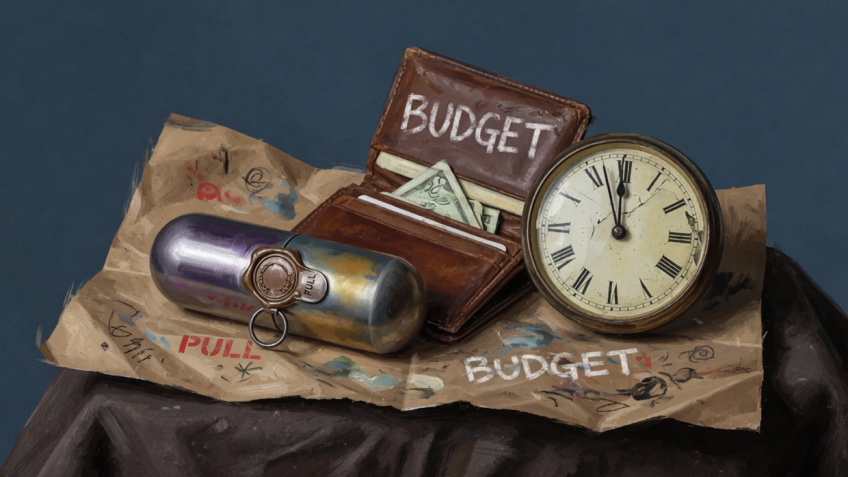 A recruitment banner and loose pyroxene crystals beside a closed wallet on a classroom desk