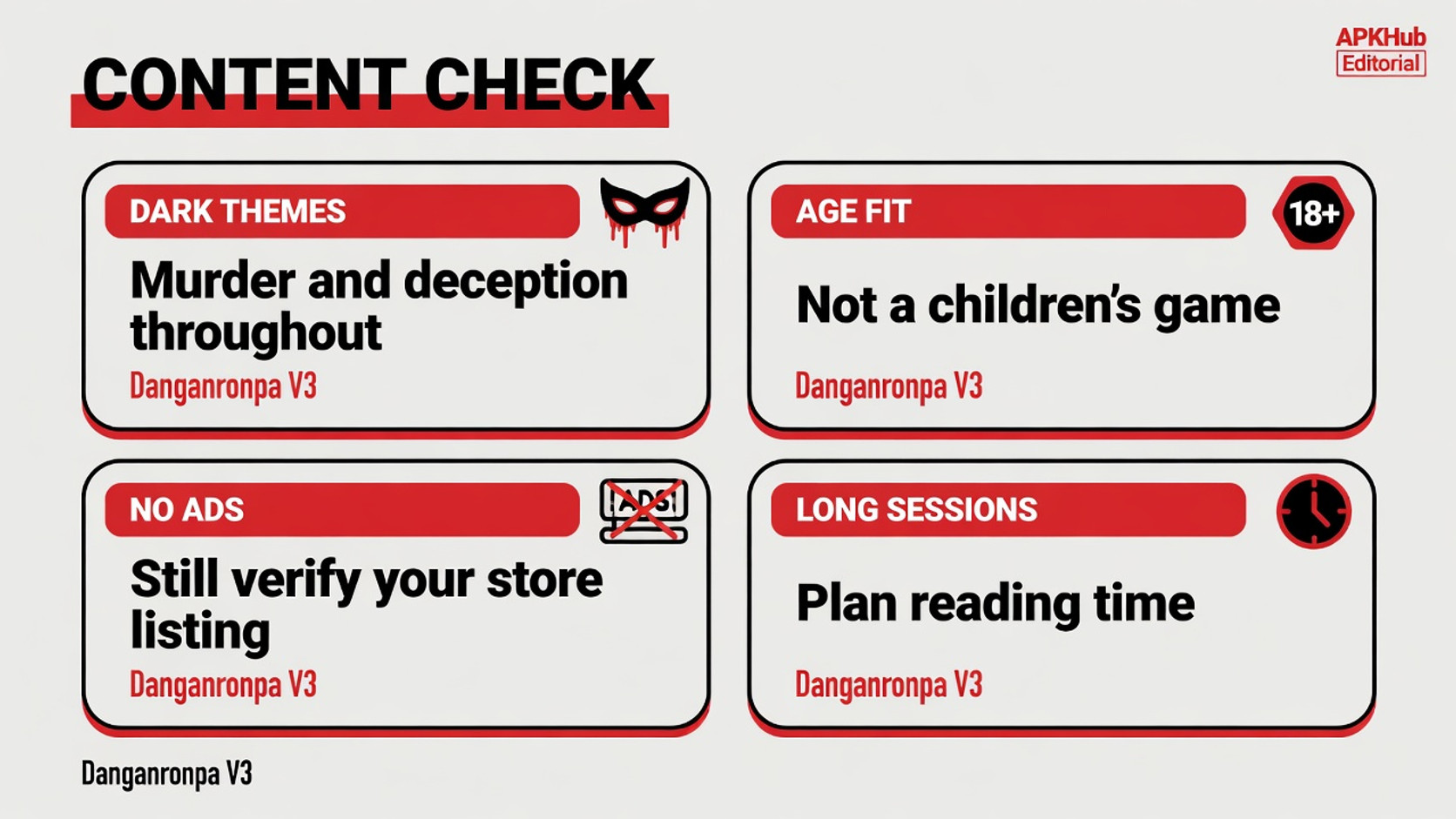 A mature-content checklist covering dark themes, age fit, store verification, and long reading sessions