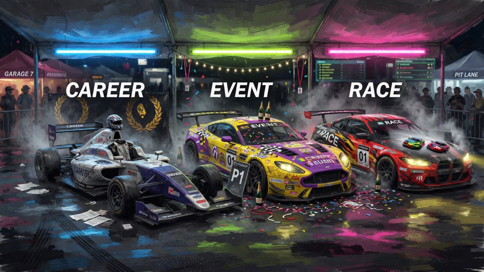 A Real Racing 3 career tree of manufacturer cups beside a locked live-event calendar